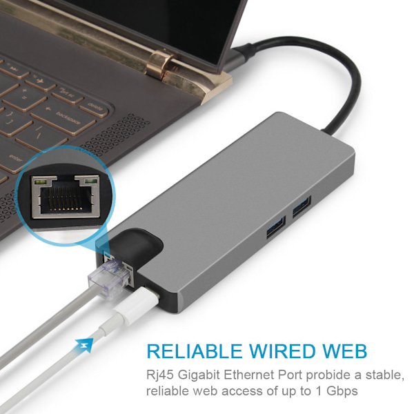7-in-1 USB-C -keskitin HDMI:llä, VGA:lla, Ethernetillä ja USB 3.0:lla