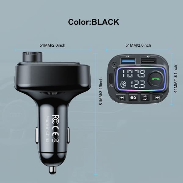Bil Bluetooth MP3-afspiller med Bluetooth 5.3, FM-transmitter, dual USB og PD30W hurtigopladning, kompatibel med 12-24V bilstrøm