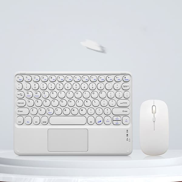 Bluetooth-tastatur med runde taster og touchpad + Bluetooth-mus kombination, kompatibel med iPad, Android og mere White White