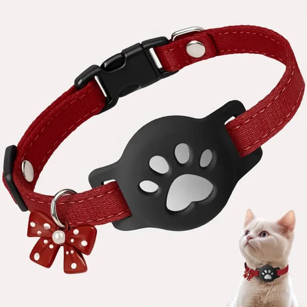 Adjustable Reflective Cat Collar with Silicone Holder kompatibelt med Apple AirTag - Waterproof Polyester Pet Tracker Strap Red Red