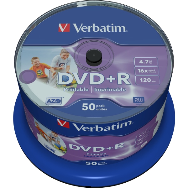DVD+R, 16x, 4.7 GB/120 min, 50-pack spindel, AZO, printable