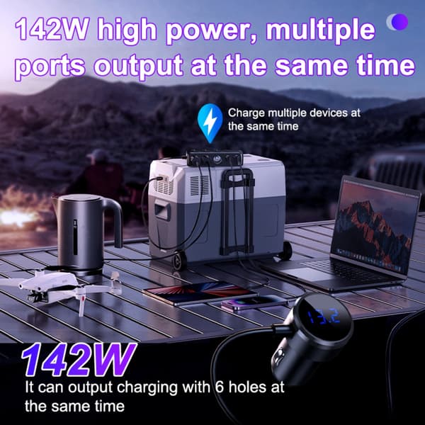 3-i-1 cigarettænder biloplader med PD45W, digital voltvisning og indtrækbart 65cm kabel — 142W samlet effekt, USB-A og USB-C udgange