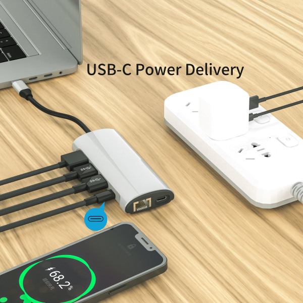 8 i 1 USB C Hub med USB 3.0, HDMI, RJ45, SD/TF-kortläsare, 100W