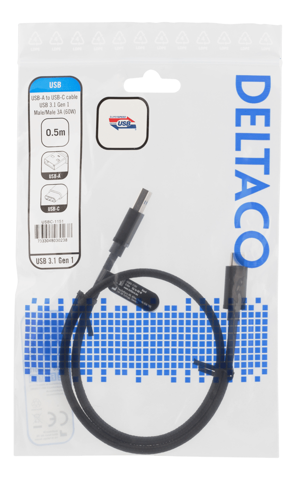 USB 3.2 Gen1 braided USBA USBC cable 0.5m 60W 3A  black
