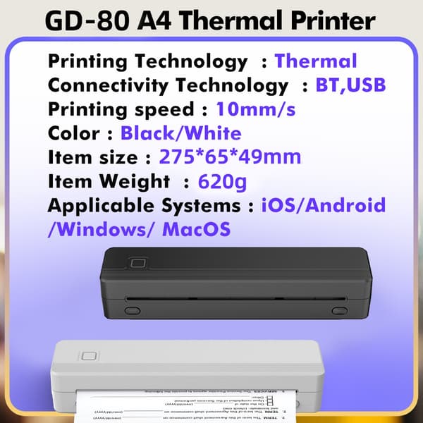 A4 termisk mini-printer med Bluetooth, blækfri udskrivning, kompakt format og understøttelse af iOS, Android, Windows og macOS White White
