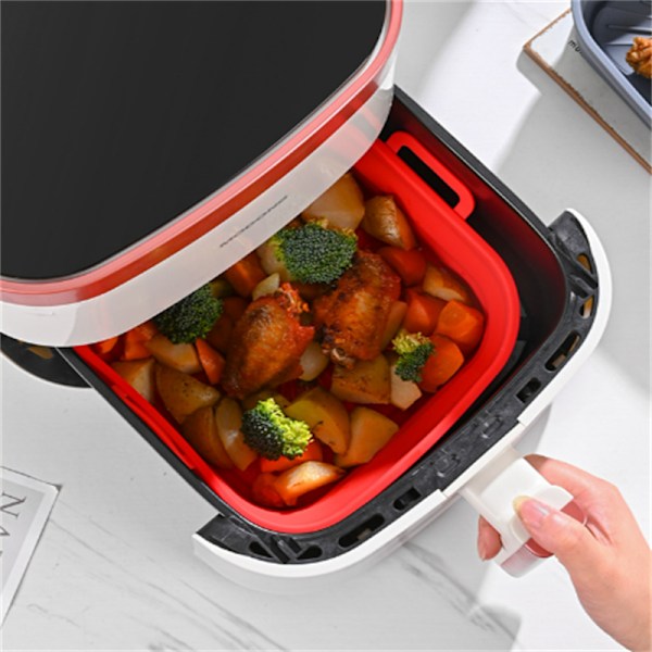 Hopfällbar fyrkantig Air Fryer silikonform 17.5 cm Röd