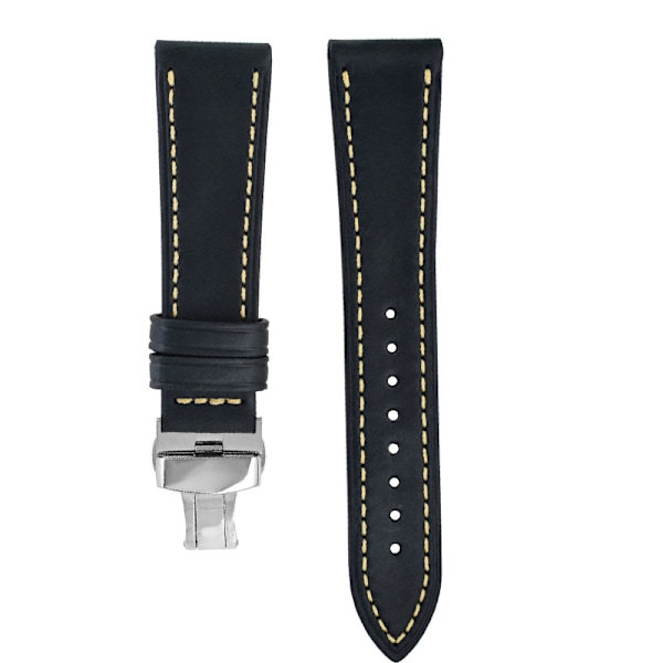 Klockarmband i äkta läder med fjärilsspänne - 22MM Svart