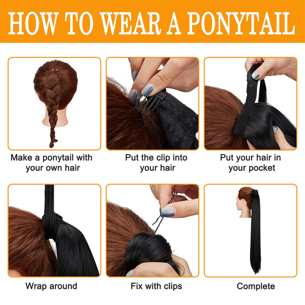 Clip-on ponytail extensions hästsvans rak Svart