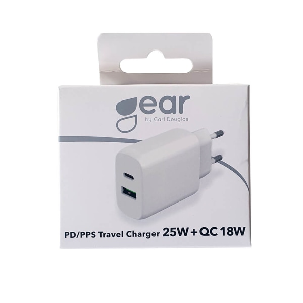 GEAR Laddare 220V 1xUSB-C + 1xUSB-A PD/PPS 25W + 18W QC Vit