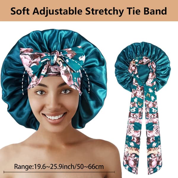 Satin Blommigt Tryck Sovmössa med Bred Kant och Band - Extra Stor Bonnet Blue Blue