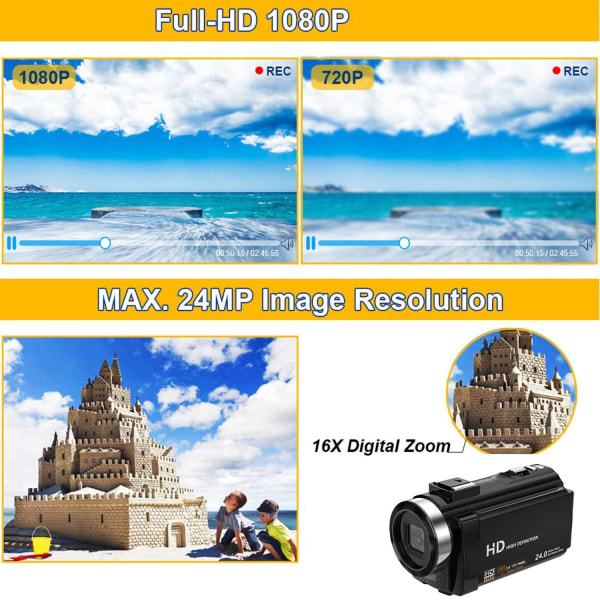 INF Videokamera 1080P / 24MP / 16x zoom ja käännettävä LCD-näyttö