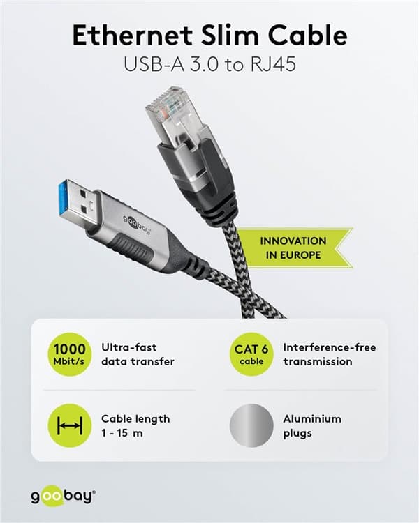 Ethernet-kaapeli USB-A 3.0 - RJ45, ohut, 2 m