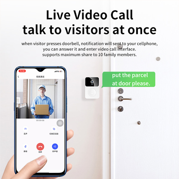 X9 Vit Smart WiFi Video Dörrklocka med Mörkerseende