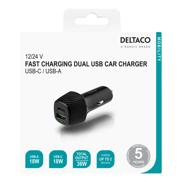 USB car charger 1x USB-C PD 20 W, 1x USB-A 18 W, total 38 W