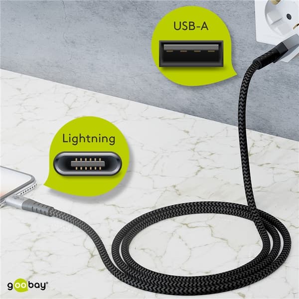 Lightning-USB-A textilkabel med metallkontakter, 0,5 m