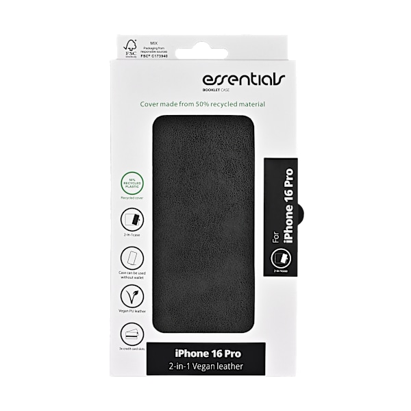 iPhone 16 Pro PU wallet, detach, recycled, 3 cards, black