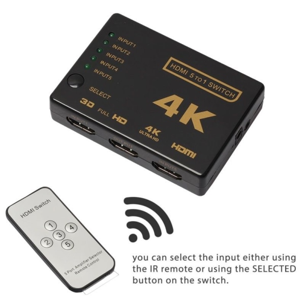 HDMI Switch 5x1 - 4K/3D med fjernbetjening