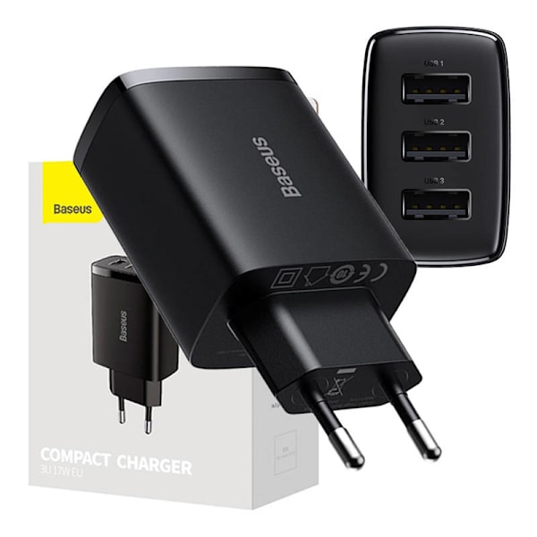 Baseus kompakt snabbladdare, 3x USB, 17W (svart)