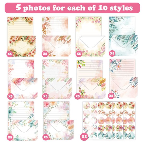 Set med blommigt brevpapper och kuvert - 160 delar