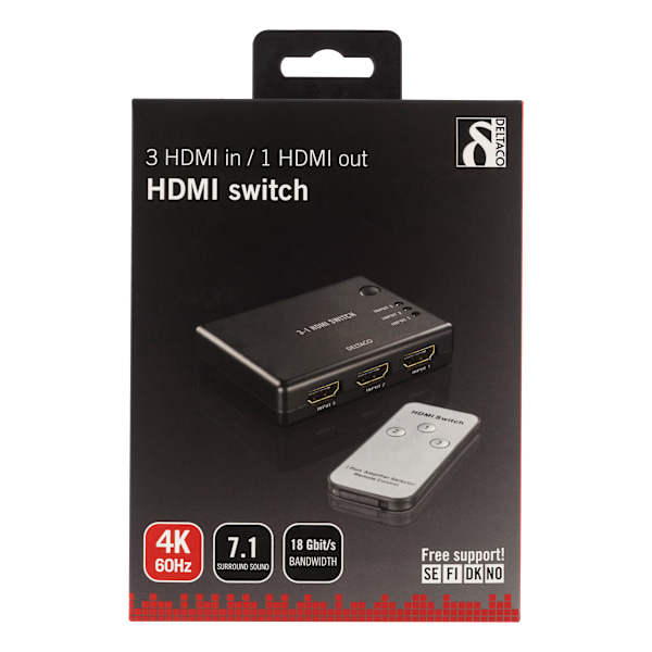 HDMI Switch, 3 inputs to 1 output, sup 4K in 60Hz, 7.1, blac