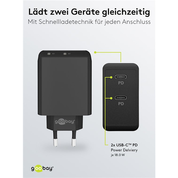 USB-C™ PD dubbel snabbladdare (36 W) svart