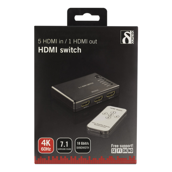 HDMI Switch, 5 inputs to 1 output, 4K in 60Hz, 7.1, black