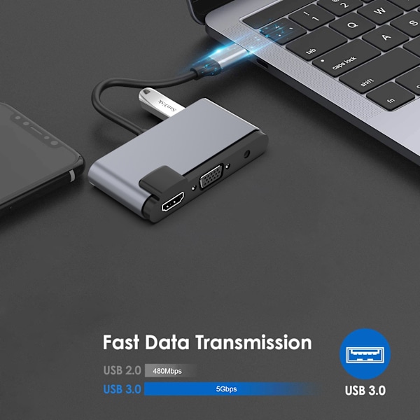 5-in-1 USB-C Hub HDMI:llä, VGA:lla, USB 3.0:lla, äänellä ja PD-latauksella