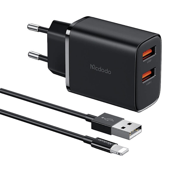 Mcdodo CH-5071 USB-A*2, 12W verkkolaturi + USB-A Lightning-kaapeli (musta)