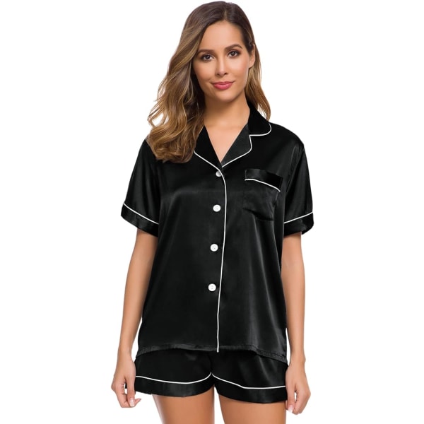 Button Down Short Pyjamas Set för kvinnor 2-delade toppar och shorts Svart XL