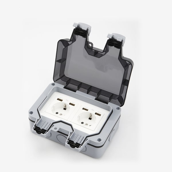 Vesitiivis pistorasia, jossa virtakytkin, kääntösuoja ja 4 USB-porttia Harmaa