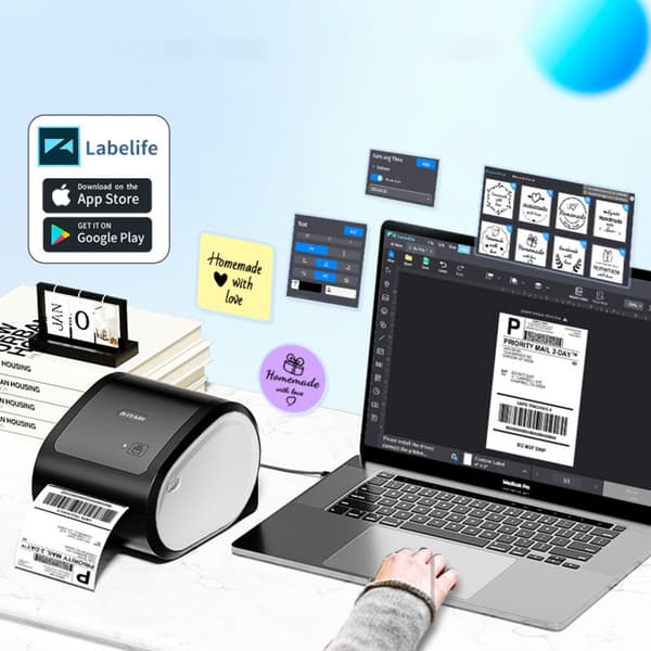 Bluetooth termisk etiketprinter - 203 DPI, hurtig 150mm/s, trådløs Bluetooth, USB og Ethernet, flere farver, kompatibel med Labelife Black&White Black&White