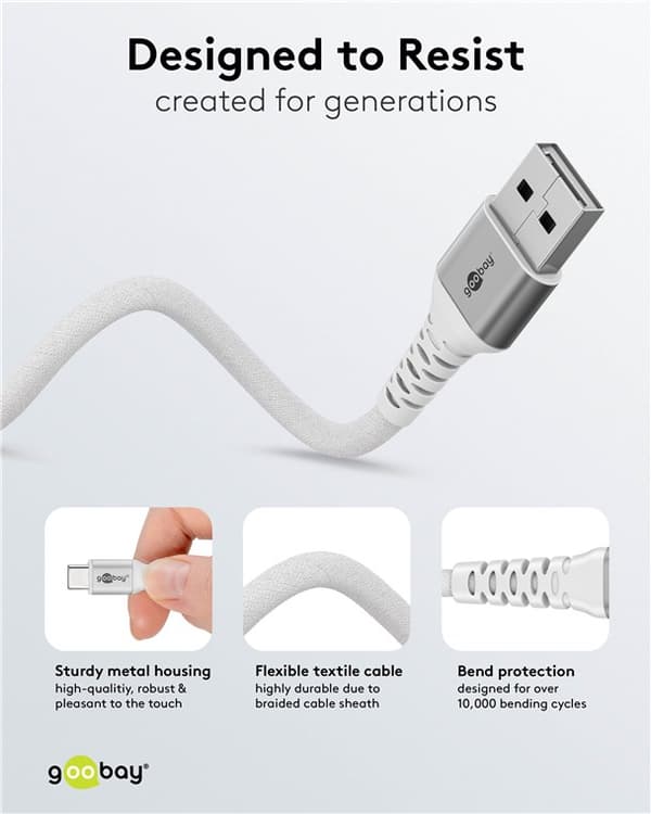 USB-C™ till USB-A supersoft textilkabel med metallkontakter, 1 m, vit