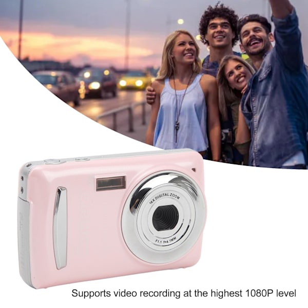 Digitalkamera, 1080P 16MP, kompakt med 2,4-tommers skærm, 16X, 32G-kort Lyserød
