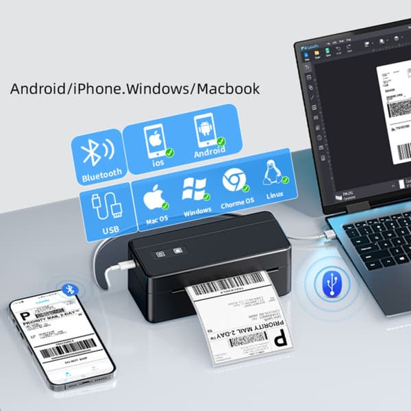 Termisk etiketprinter BT Bluetooth til forsendelse og butik - 108mm effektiv bredde, USB-B, Labelife-app kompatibel, 203dpi 150mm/s
