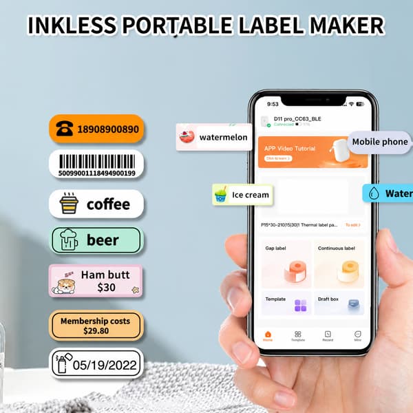 Bærbar Bluetooth-etiketprinter, 15 mm termisk udskrivning til Apple iOS og Android White White