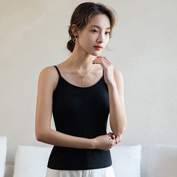 Dame Silke Camisole, Justerbar Strop V-hals Camisole med Indbygget BH Sort M