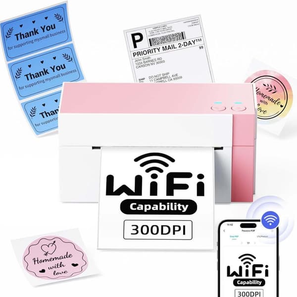 WiFi termisk etiketprinter 300dpi for skarpe stregkoder til forsendelse og lager med 108mm printbredde, WiFi+Bluetooth, USB/netværk White+Pink White+Pink