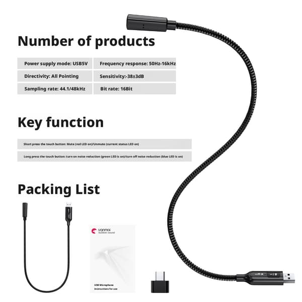 USB Mikrofon med Snabbstumfunktion och Flexibel Svanhalsdesign för Skrivbordsbruk
