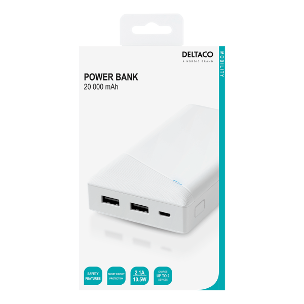 Power bank 20 000 mAh, 2x USB-A, short circuit protection