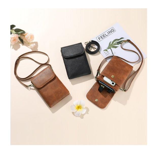 Kvinders Crossbody-telefontaske, PU-læder etui til multikortslot Brun