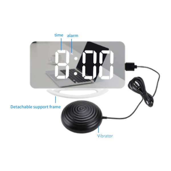 Spejlvækkeur med Vibration og USB-opladning