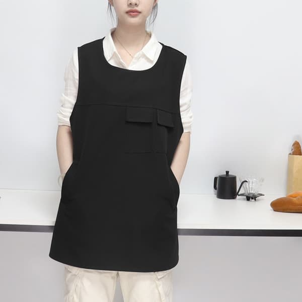 Vest-forklæde vandtæt kort model sort polyester - pletresistent barista- og køkkenforklæde, forreste 74cm bageste 64cm