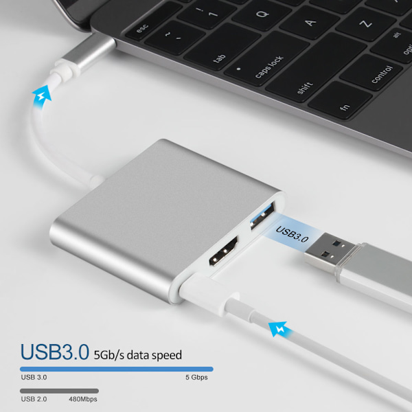 3-in-1 USB-C -keskitin HDMI:llä, USB 3.0:lla ja PD-latauksella