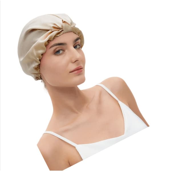 Adjustable Knotted No-Indent Sleep Silk Cap - Soft Elastic Band for Comfortable Night Sleep Apricot Apricot
