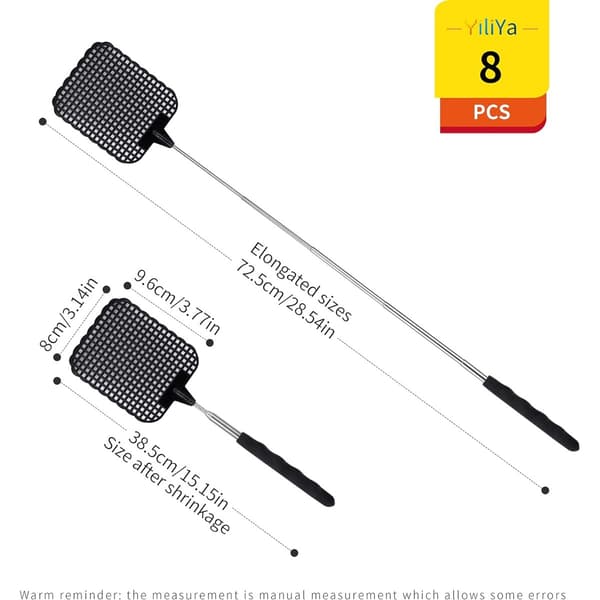 Flugsmälla 8-pack med utdragbart skaft, rostfritt stål, PP och PVC, justerbar räckvidd på 65 cm för hemmet