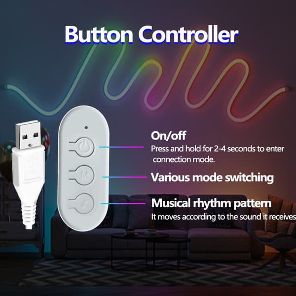 3M USB Neon LED Strip Lys - 60 LEDs/M, Bluetooth Kontrol, 3-Tast, med Monteringsclips