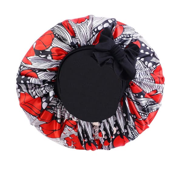 Hårhätta med tryck och stor storlek i satin, elastisk rosett och justerbar sovhatt, skönhetshätta red+black red+black