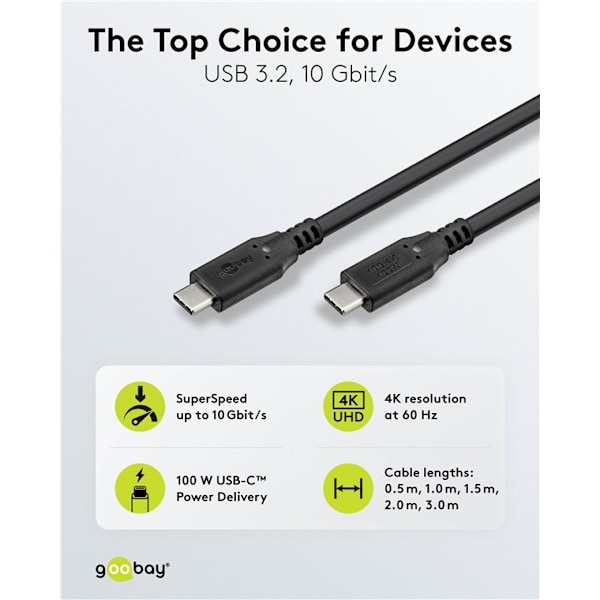 USB-C™-kabel, USB 3.2, 100 W, 10 Gbit/s, Power Delivery, 3 m