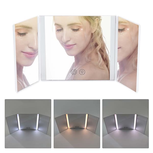 LED Bil Makeupspejl - Hvid - Belyst, Tre-Fold Design, Kompatibel med de Fleste Bilmodeller