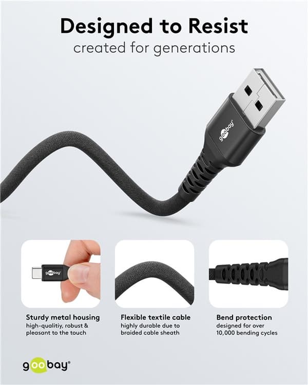 USB-C™ - USB-A erittäin pehmeä tekstiilikaapeli metalliliittimillä, 0,5 m, musta